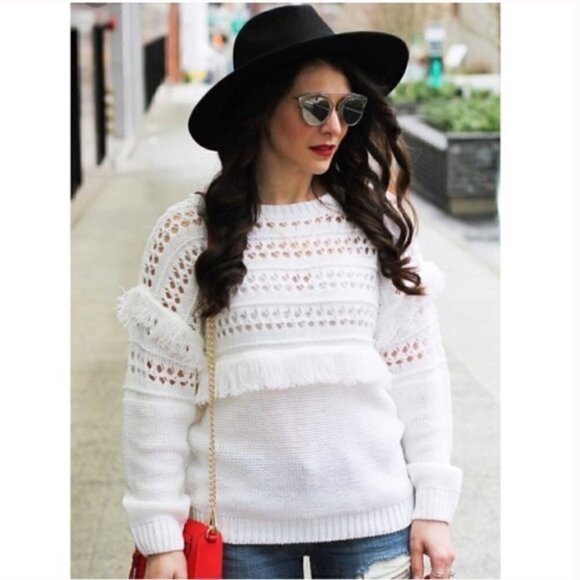 J.O.A Crochet Fringe Openwork Knit Crew Sweater - Picture 1 of 8